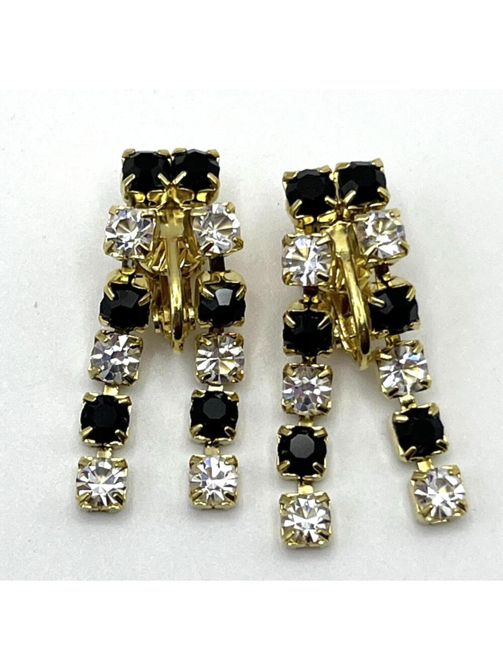 Trifari Clip-On Earrings Vintage Black and Clear Rhinestones Drop Dangle  2983.4